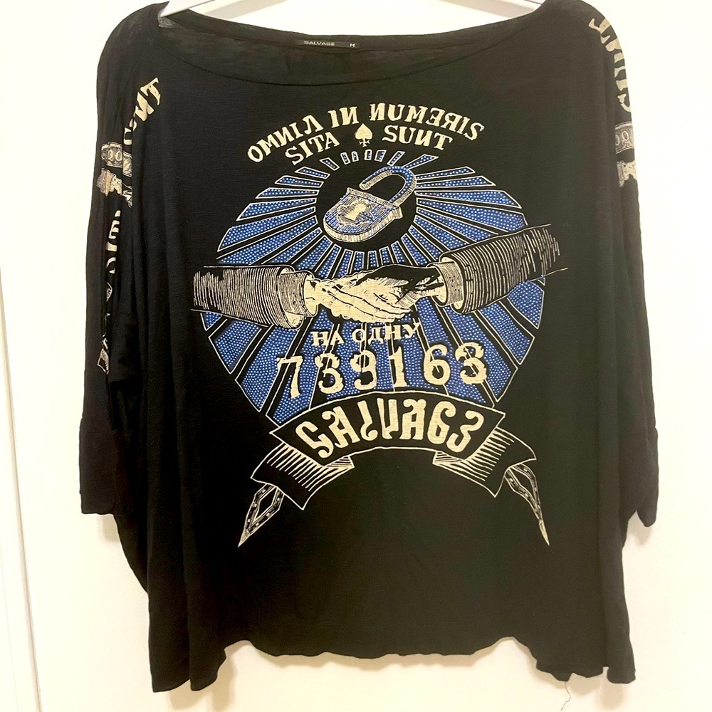 Salvage rocker tunic/ off shoulder shirt with goth print